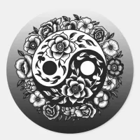 Pretty Black and White Floral Yin Yang Classic Round Sticker