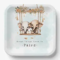 Cute Baby Elephant Gender Neutral Twin Baby Shower Paper Plates