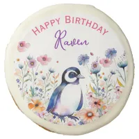 Penguin in Flowers Girl's Birthday Personalized Sugar Cookie