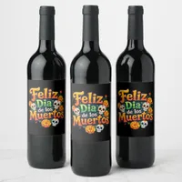 Colorful Day of the Dead Candy Skulls Marigolds Wine Label