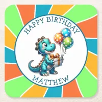 Dinosaur themed Kid's Birthday Party Personalized Square Paper Coaster