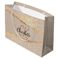 Beige gold agate marble monogram  large gift bag