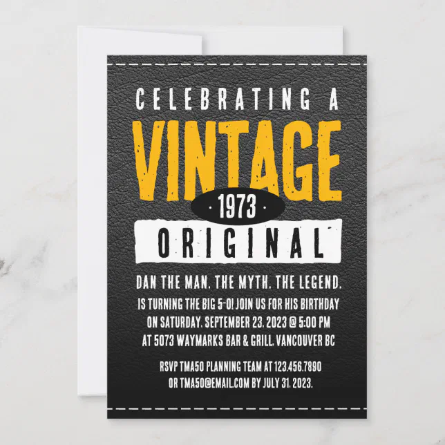 Vintage Original Black & Gold Leather Birth Year Invitation