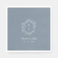 Dusty Blue Floral Crest Monogram Wedding Napkins