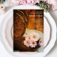 Pink Daisies Cowboy Boots Wedding Rehearsal Dinner Invitation