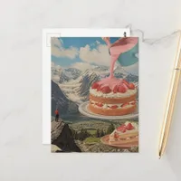Strawberry Cake Mountain Surreal Retro Art Postcard