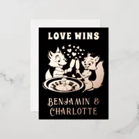 Love Wins, Las Vegas Fox Couple Black Rose Gold Foil Holiday Postcard