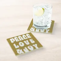 Green Retro Groovy Peace Love Joy Holiday Glass Coaster