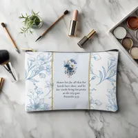 Modern Blue White Floral Bible Verse Custom Name Accessory Pouch