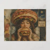 Weird Surreal Girl with a Bacon Cheeseburger Hat  Postcard