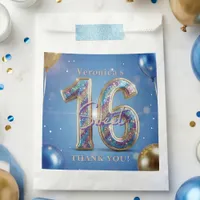 Blue and Gold Glitter Balloons Sweet 16 Thank You Favor Bag