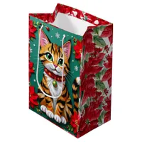 Cute Orange Kitty Cat and Poinsettia Christmas Medium Gift Bag