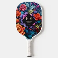 Elegant Mexican Folk Art Floral Custom Monogram Pickleball Paddle