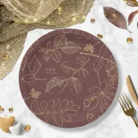 Golden Leaf Pattern Wedding Gold/Burgundy ID655 Paper Plates