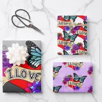 I Love You | Hearts, Roses and Butterflies Wrapping Paper Sheets