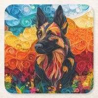 Colorful German Shepherd Dog Portrait Square Paper Coaster