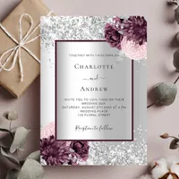 Silver burgundy florals elegant wedding invitation postcard