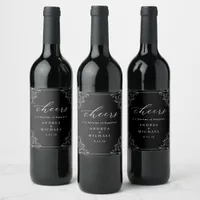 Elegant Black & White Wedding Wine Wine Label