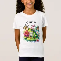 Cute Frog on Lily Pad with Flowers and Butterflies T-Shirt