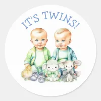 It's Twins! Cute boy twins Baby Shower Treats Classic Round Sticker