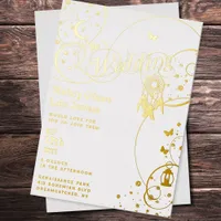 Boho White Gold Calligraphy Dreamcatcher Wedding Foil Invitation