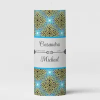 Interlacing Victorian Golden Trim Aqua Background Pillar Candle