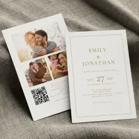 Gold Text 3 Photos Line Border QR Code Wedding Invitation