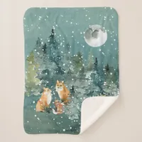 Fox Family in Forest Full Moon Snowfall Sherpa Blanket
