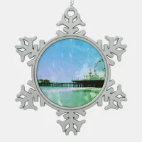 Blue Santa Monica Pier Snowflake Pewter Christmas Ornament