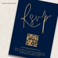 Elegant Gold Navy Script Qr Code Wedding RSVP Card