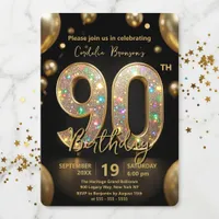 Elegant Black Gold Glitter Balloons 90th Birthday Invitation