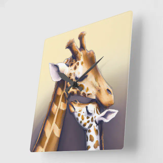 Touching Moment Between Mother Giraffe & Calf Square Wall Clock