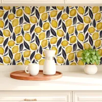 Yellow Lemons and Gray Leaves on White Wallpaper