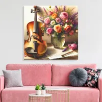 Violin, Sheet Music and a Vase of Flowers  Canvas Print