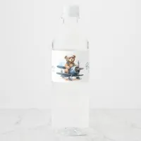 Teddy Bear Airplane Watercolor Boy Baby Shower Water Bottle Label