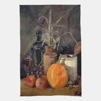 Autumn Decorations on Table, Pumpkin, Fruit, Drink Kitchen Towel