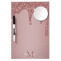 Rose Gold Sparkle Dripping Glitter Monogram Dry Erase Board With Mirror