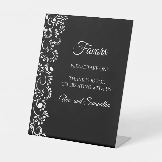 Elegant simple black and white floral wedding pedestal sign