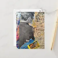 Retro man working cheeseburger Mixed media collage Postcard