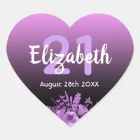 21st birthday purple and black with flowers heart sticker