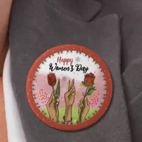 Happy Women's Day Red Button Hands Holding Tulips