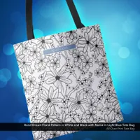 Hand Drawn Floral White Black Pattern & Blue Name Tote Bag