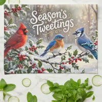 Season's Tweetings Colorful Birds on Snowy Holly Kitchen Towel