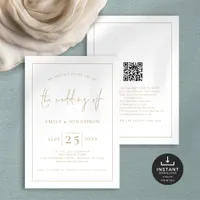 Elegant Gold Script Line Border QR Code Wedding Invitation