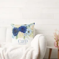 Navy Royal Bue Wedding Watercolor Ivory Flowers Throw Pillow