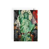protesting lady liberty arrested by police surreal postcard
