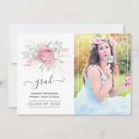 Vintage Pink and Silver Floral Graduation Photo Announcement