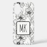 Modern Black and White Floral Monogrammed iPhone 16 Case