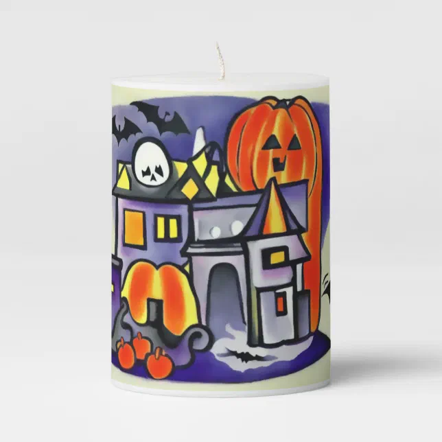 Pumpkins, ghosts, halloween bats pillar candle