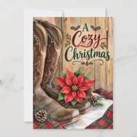 A Cozy Country Christmas Western Boots Poinsettia Holiday Card